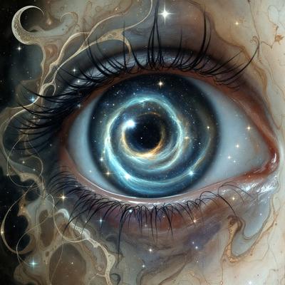 The primary subject of the image is a close-up of a person's eye, with a blue iris and a black pupil. The setting is a space-themed background, featuring stars and a galaxy-like pattern. The visual style is a digital art or illustration, creating a surreal and dreamy atmosphere. The colors are predominantly blue and black, with the blue iris and black pupil standing out against the starry background.